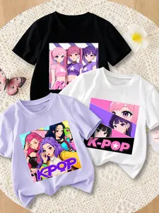 Girls' Easter Limited Edition 3pc T-Shirts, Cute Heart Print, Star Idol, Dynamic Stage Girl, Sweet and Eye-Catching, Perfect for Holidays, Graphic Anime Tee, Graphic Tee Top
