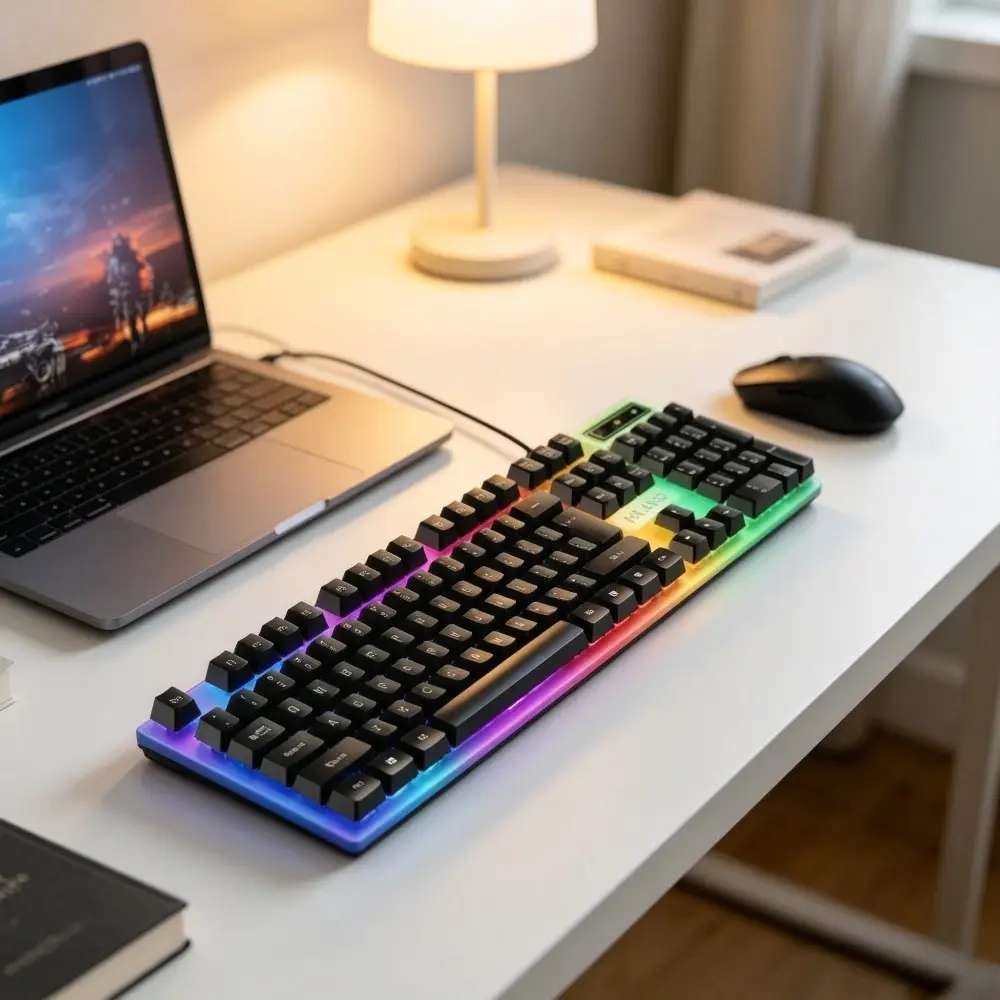 1pc Wired Gaming Keyboard - 1pc 104-Key Full-Size, Rainbow RGB Backlit USB Ergonomic Plug-and-Play, Dual-Use for Gaming/Office, Black/White Options, Compatible with Desktops Laptops Mac
