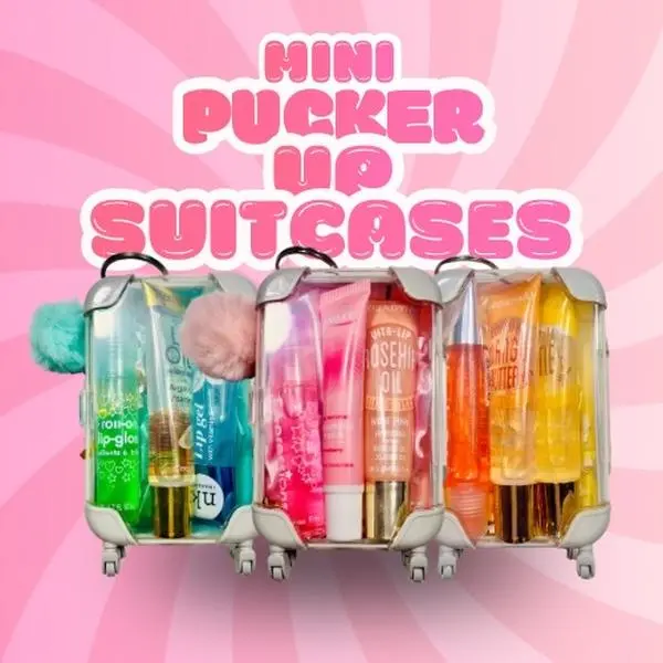 Decoreys Mini Puckerup Suitcases - 3 Lip Glosses & Soft Scrunchie - Travel-Friendly Size - Perfect for Kids Teens & Glam-On-The-Go Babes - Includes Free Stickers Charms Minis & Accessories - Lipgloss