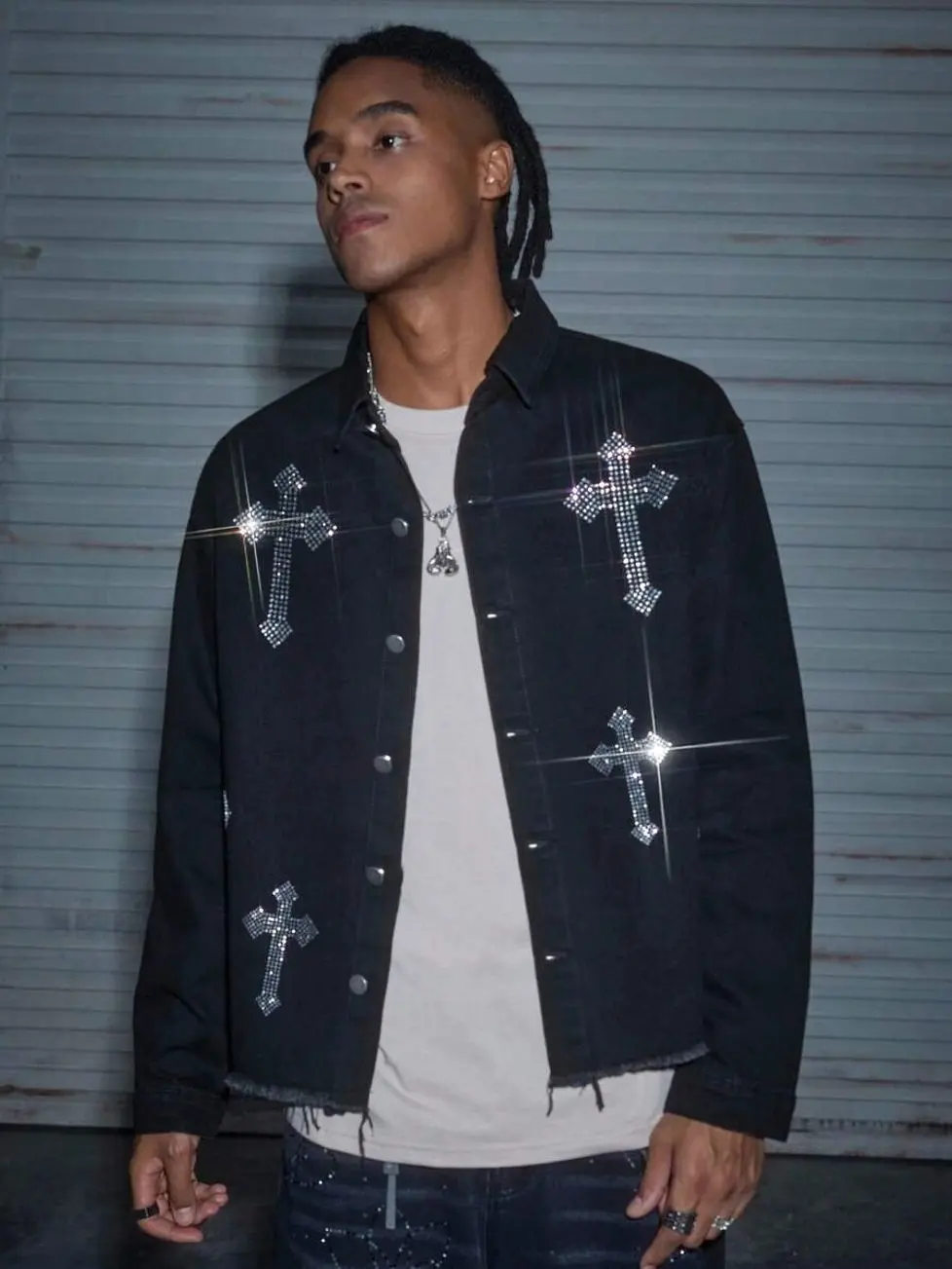 Men's clothing - Men's Washed Rhinestone Embellished Jacket, Stylish Lapel Short Outerwear for Fall Fashion men’s clothes mens clothing male clothing trending clothes y2k clothing streetwear clothing y2k shirts