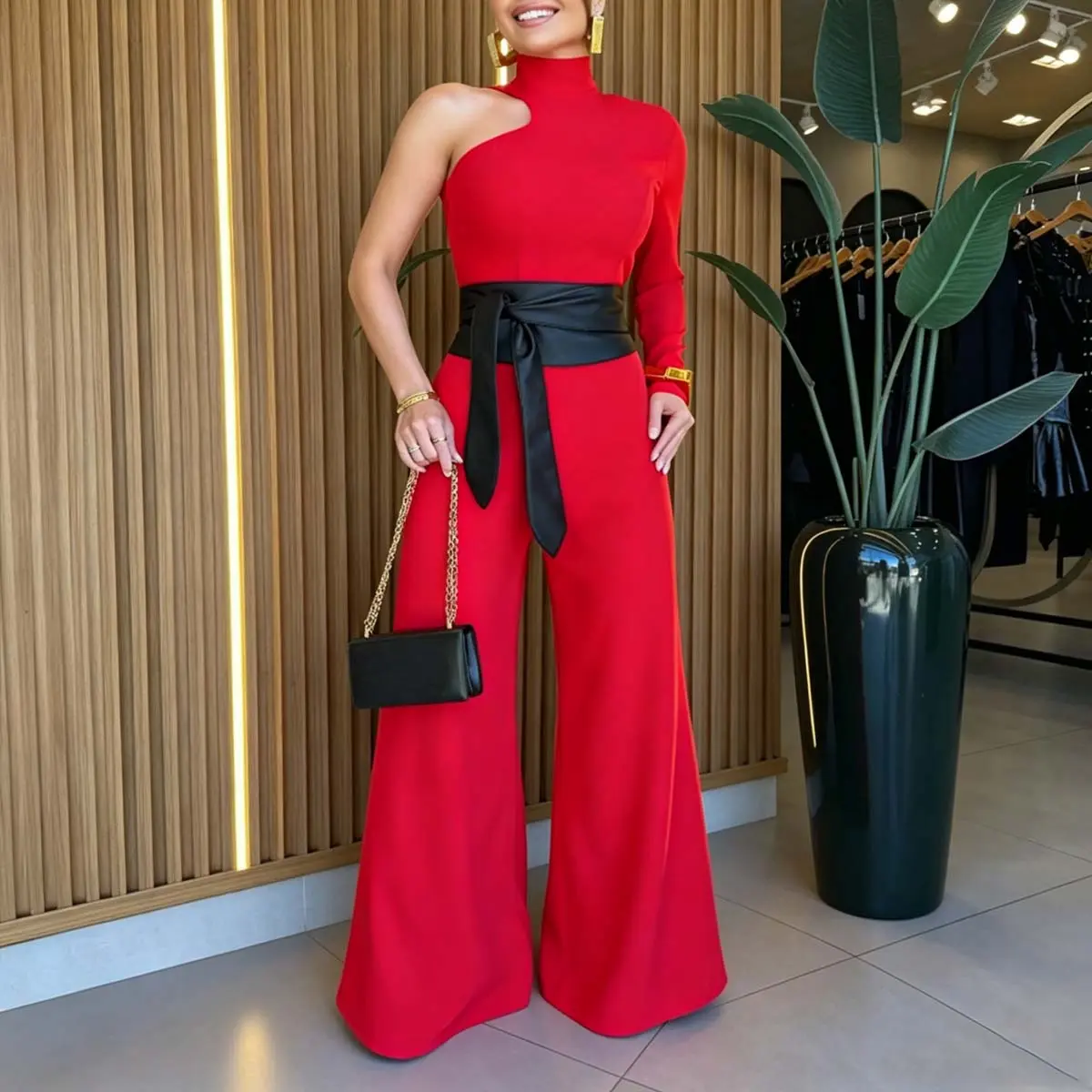 CHICME Women's One Shoulder Jumpsuit Mock Neck Asymmetric Long Sleeve Wide Leg Overalls Tie Waist Evening Jumpsuit
