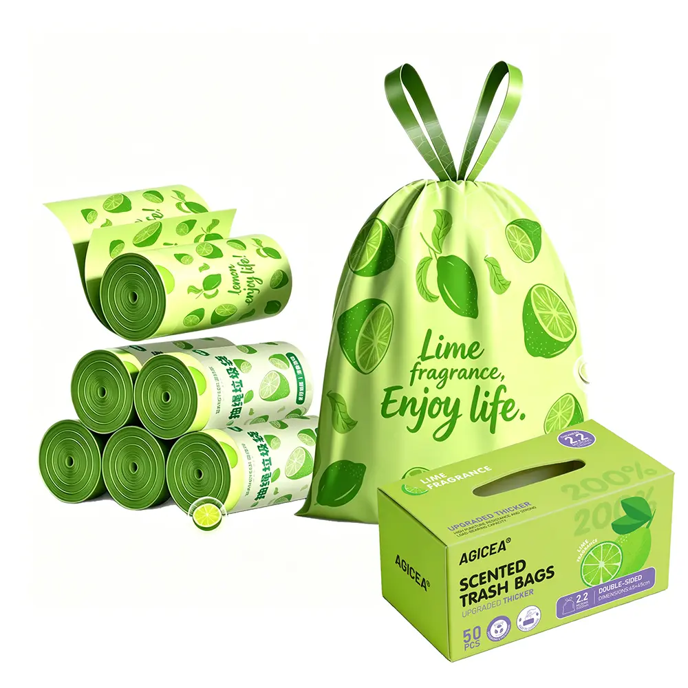AGICEA Thick Tear-Resistant Drawstring Disposable Trash Bags, Long-Lasting Lime Fragrance Odor Control Bug Repellent Multiple Packs, Multipurpose Household Bin Liners for Kitchen & Apartment