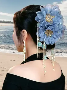 Elegant Women's Flower Hair Clip, Multi-Color Satin & Pearl Shine, Crystal Decor, Perfect for Beach Vacation & Mother's Day Gift, Hairpin