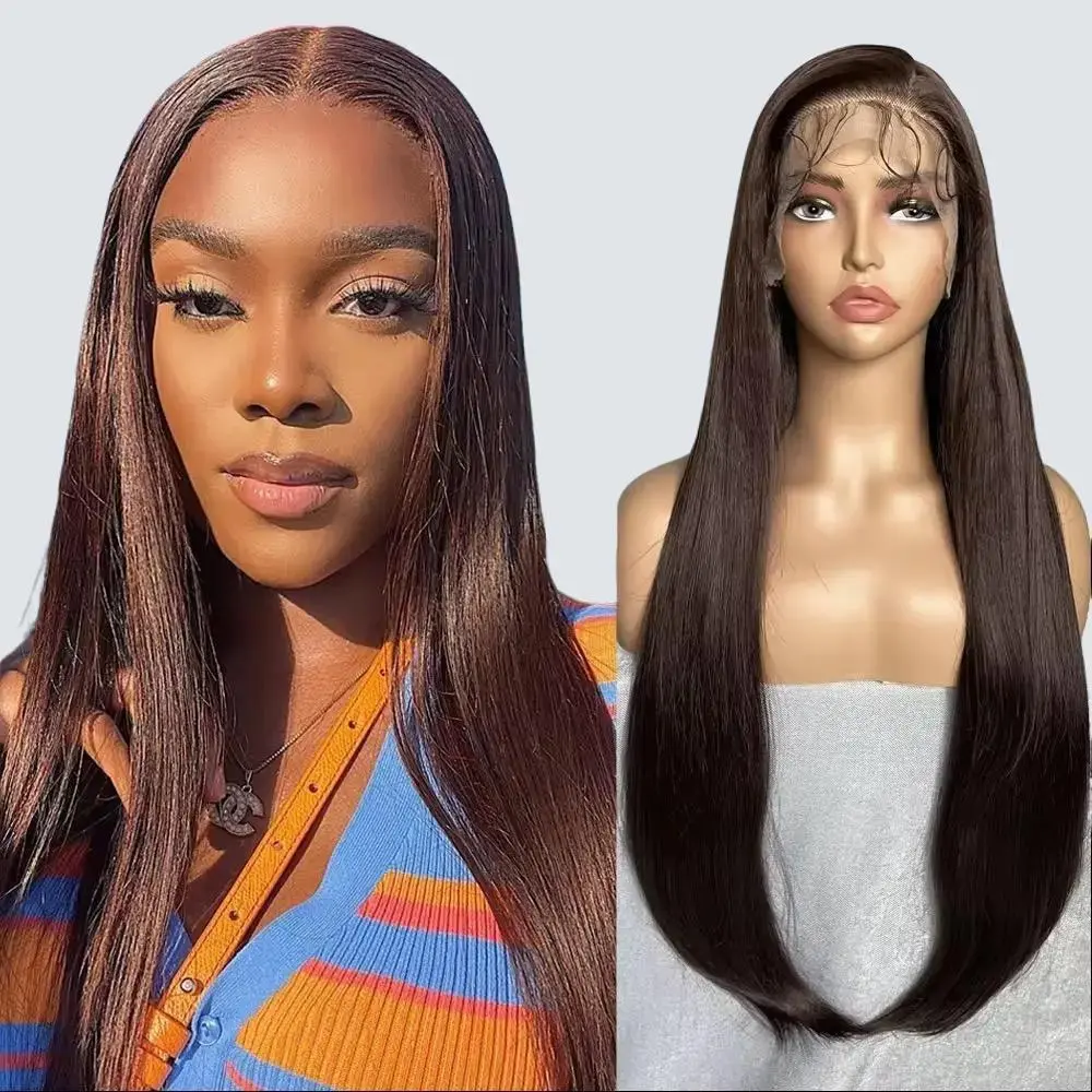 Dark Brown Straight Lace Wig 32 INCH Unisex Synthetic Lace with 13x4 Free Part for Natural Look and Comfortable Fit