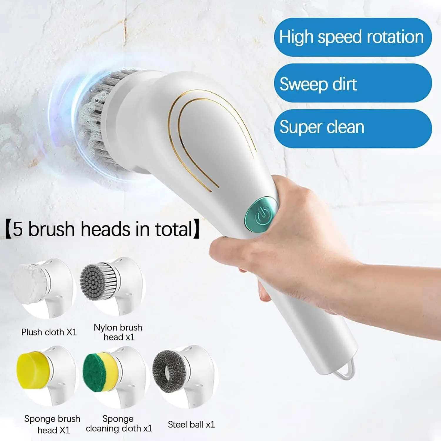 Lightweight Cordless Electric Spin Scrubber with Dual Speed, 5 Interchangeable Brush Heads, Powerful Tile & Tub Cleaning Brush, Perfect as Bathroom Cleaner and Practical Gift