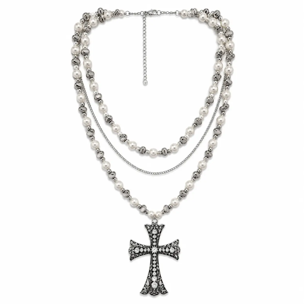 Elegant Pearl & Silver Beaded Necklace with Intricate Cross Pendant for Women