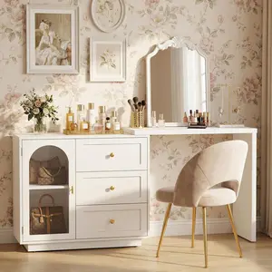 【Summervibes】RoyalCraft 2-in-1 Makeup Vanity Desk & Office Desk, Multifunctional and Space-Saving Extendable Corner Table with Drawers, No Mirror, Dressing Table for Bedroom, Vanity Desk for Working, Studying, Drawing, Sewing, Nail Care (White, Beige)