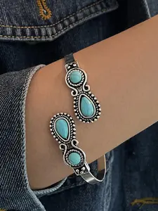 Boho Style Turquoise Texture Decor Cuff Bangle, Vintage Style Adjustable Cuff Bangle, Fashion Accessories for Women & Girls, Exquisite Bracelet