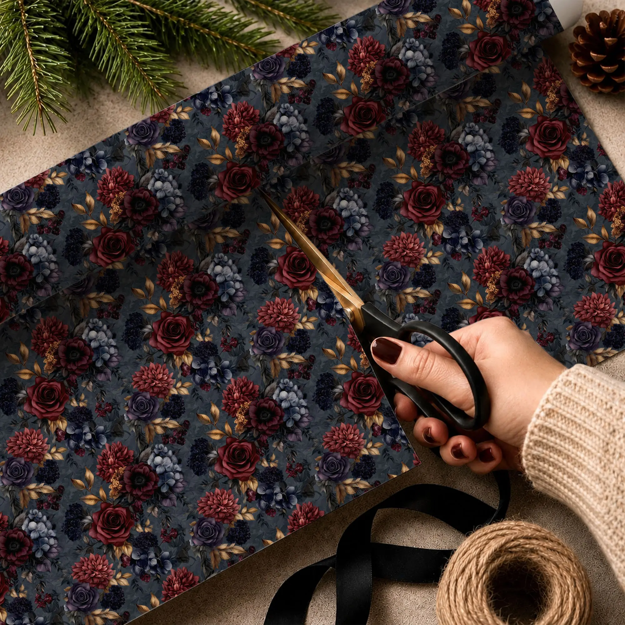 Dark Floral Wrapping Paper, Burgundy Rose Gift Wrap, Gothic Flower Paper with Navy and Black Blooms for Christmas, Birthdays, Weddings & Parties