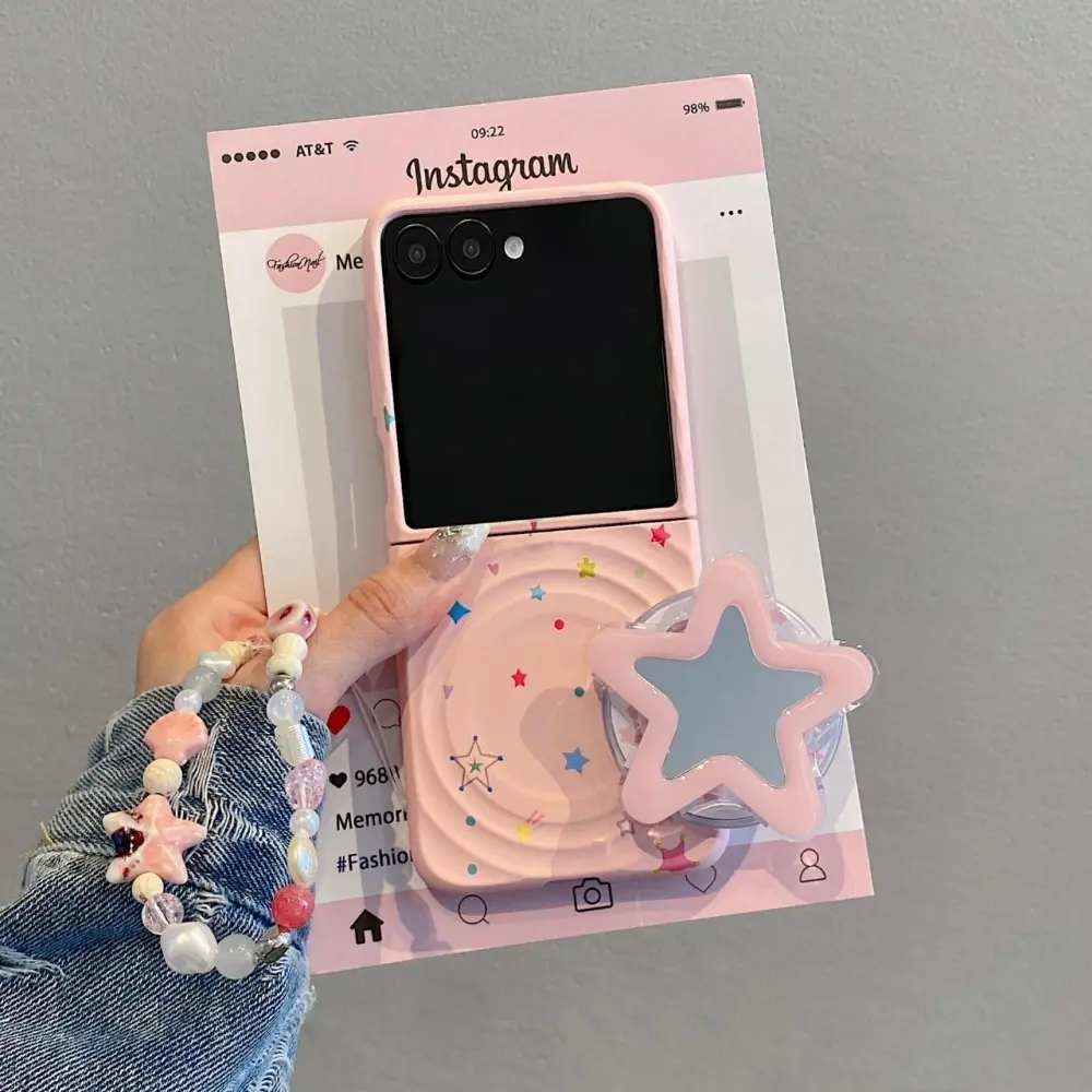 Korean Cute Pink Wave Point Magnetic Mirror Star Holder Bracelet Case For Samsung Galaxy Flip 8 7 6 5 Cover
