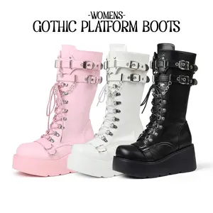CYNLLIO Womens Gothic Platform Boots Punk Motorcycle Shoes Mid Calf Round Toe Lace Up Side Zipper Double Buckle Heart Metal Detailed Chunky Wedge Heel Comfy Combat Boots for Night Party Concert Cosplay Goth Vibe Spring Shoes