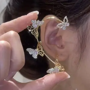 Gold-Plated Butterfly Full Diamond Ear Cuff, Light Luxury Romantic Design, American High-End Earrings, Highlight for Party Styling