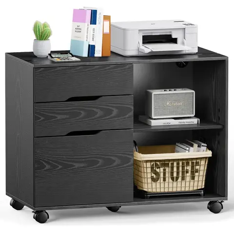 【Deal】SweetFurniture 3-Drawer Mobile Lateral Filing Cabinet with Castor Wheels - MDF Wood, Solid Finish Hardware, Adults' Home Office Printer Stand with Open Shelves, Large Folder-Fit, Organization Cupboard, Modern Decor