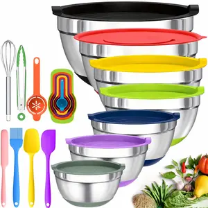 7pcs Multicolored Stainless Steel & Plastic Mixing Bowl Set with 13 Functional Components, Airtight Kitchen Supplies for Baking & Meal Prep, Kitchen Organization Gadgets