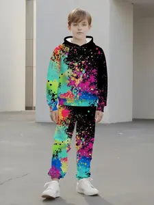 Boys' 3D Print Hooded Sportswear Set, Sports Clothing, tracksuit sets, Trendy Graffiti Pattern, Casual Fitted for Spring & Fall, Outdoor Activities