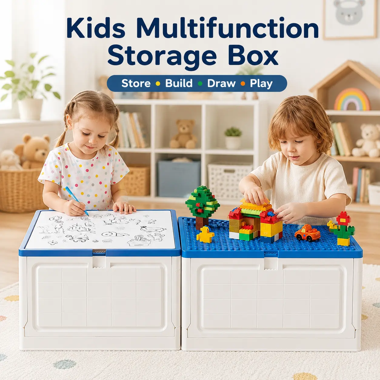 Kids Multifunction Industrial Storage Bin with Lid - Gray, Blue, White, Pink - Store, Build, Draw, Play - Ideal for Children's Room Home Organization Supplies