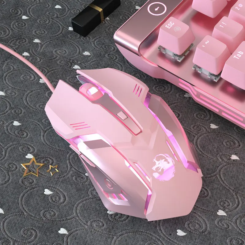 LED Gaming Mouse - 6 Buttons, 2400 DPI, USB Wired Ergonomic Design with LED Lights, Pink, Included Mouse Pad for PC/Laptop, Handheld Retro Game Consoles