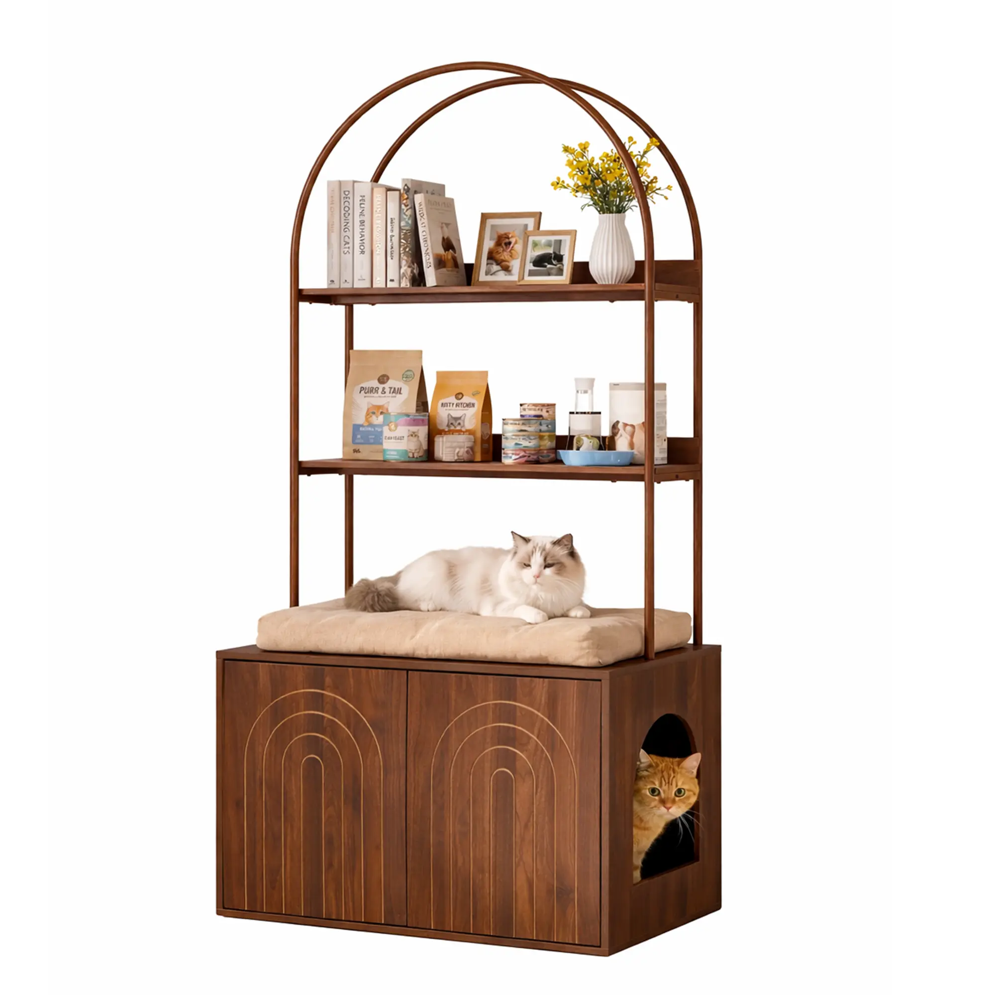 Giratree Cat Litter Box Enclosure with Shelves, 63" Walnut Wooden Sliding Door Hidden Litter Box Cabinet, Modern Cat Litter Box Furniture Cat Litter House Pet House for Living Room