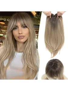 Hair Topper With Bangs 18inch Toppers With Large Base Long Straight Layered Premium Synthetic Soft Hair Pieces For Women-Ombre Blonde With Dark Root