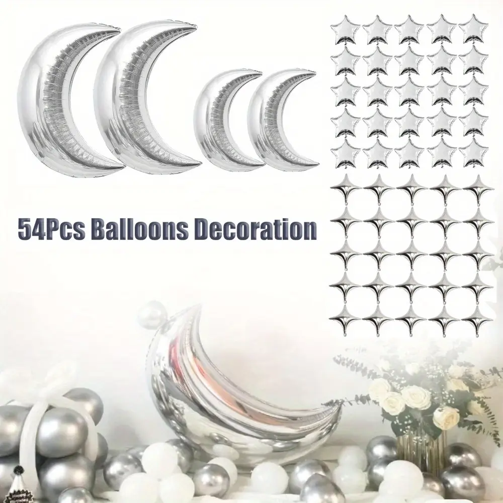 Glamorous Sturdy and Durable 54-Piece Mixed Color Aluminium Metal Moon Stars Film-Latex Balloon Set, 10-Inch Kit with 25pcs 10-Inch Pentagram Foil Balloons & Letters - Party Anniversary Garland Backdrop, Home Improvement Wall Decoration, 28 Inch, Photo, 2