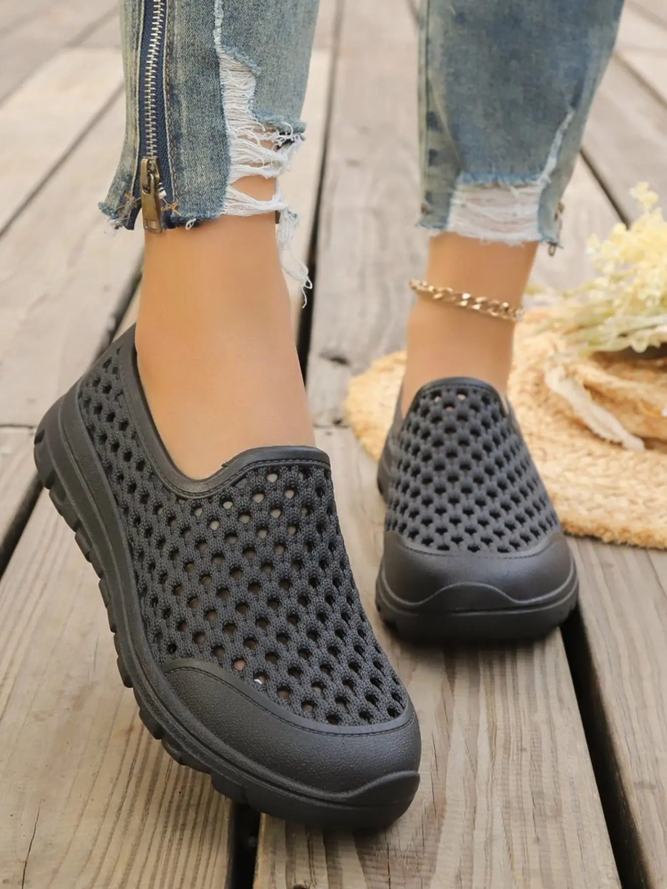 Women's Casual Sport Shoes, Hollow Out Design, Slip-On, Flat Sole, Low Heel, Round Toe, PU Leather, Sizes 36-41, &