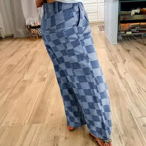 Women's Checkered Denim Wide Leg Jeans for Dailywear