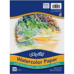 Watercolor Paper, White, 140 lb., 9" x 12", 50 Sheets
