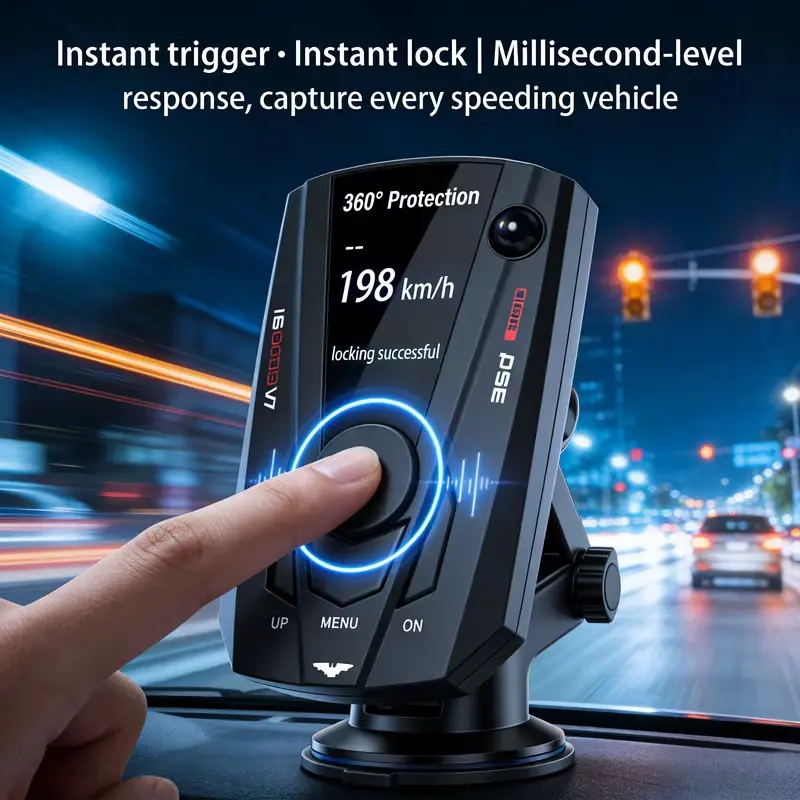 16 Band V7 Driving Radar Detector, 360 Degree Laser Signal Monitoring with Voice Notification, Customizable Brightness, 12V Powered Design with Original Mount, Compact Black Body for Windshield and Dashboard Installation