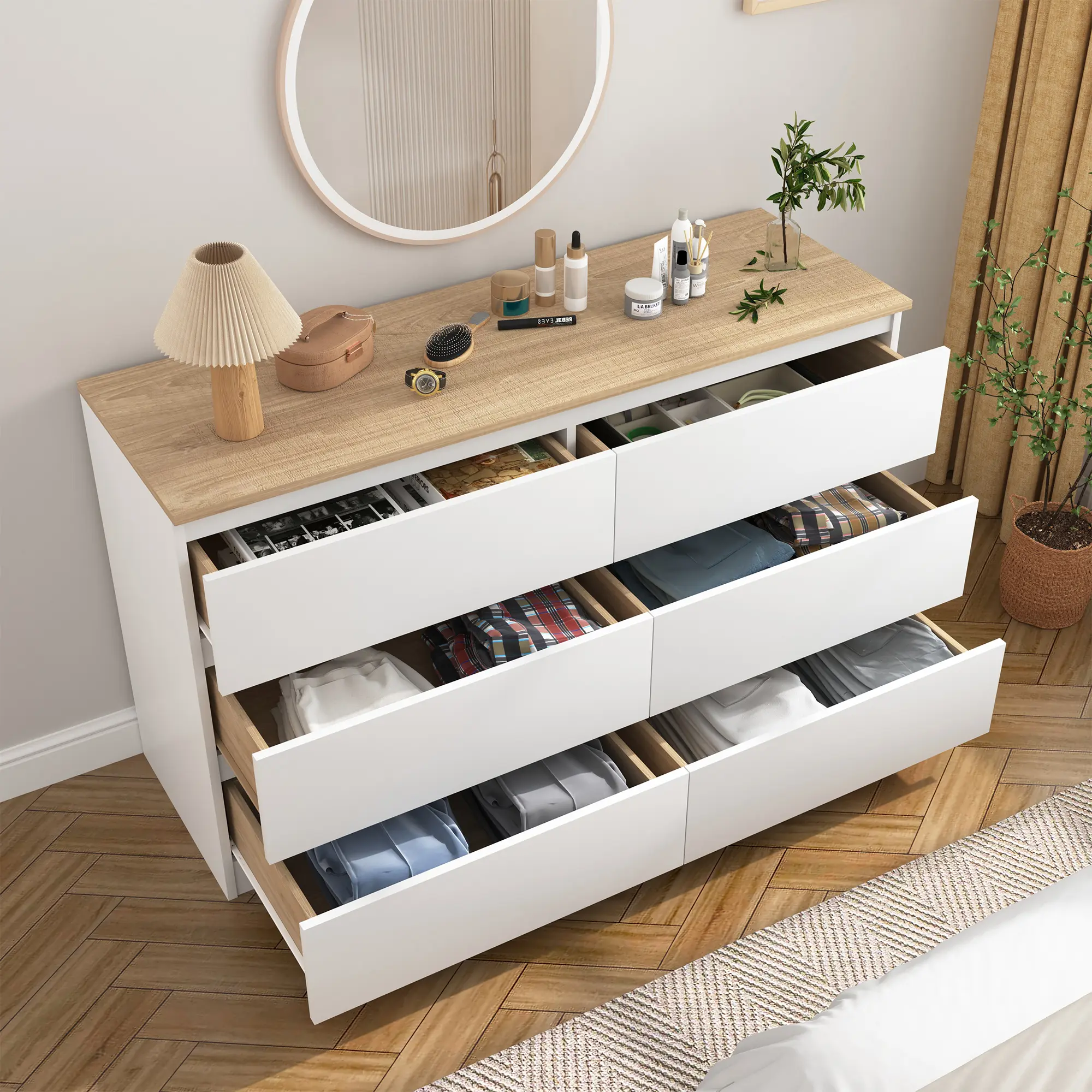 Spaco Minimal 6-Drawer Sturdy Wood Dresser - Indoor Furniture with 20.47" Wide Drawers, 47.2" Wide Top, Clever Storage, Apartment Bedroom Closet Organizer, TV Stand for Small Spaces, Interior