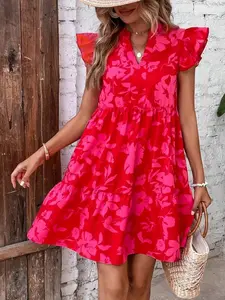 Floral Print Butterfly Sleeve Ruffle Smock Dress - Ideal for New Year, Vacations & Beach Outings