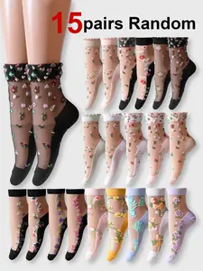Women's Floral Pattern Sheer Socks, Elegant Chic Comfy Breathable Socks for Daily Wear, Ladies Socks for All Seasons, Breathable Fabric Socks, Womenswear, Soft Breathable Socks