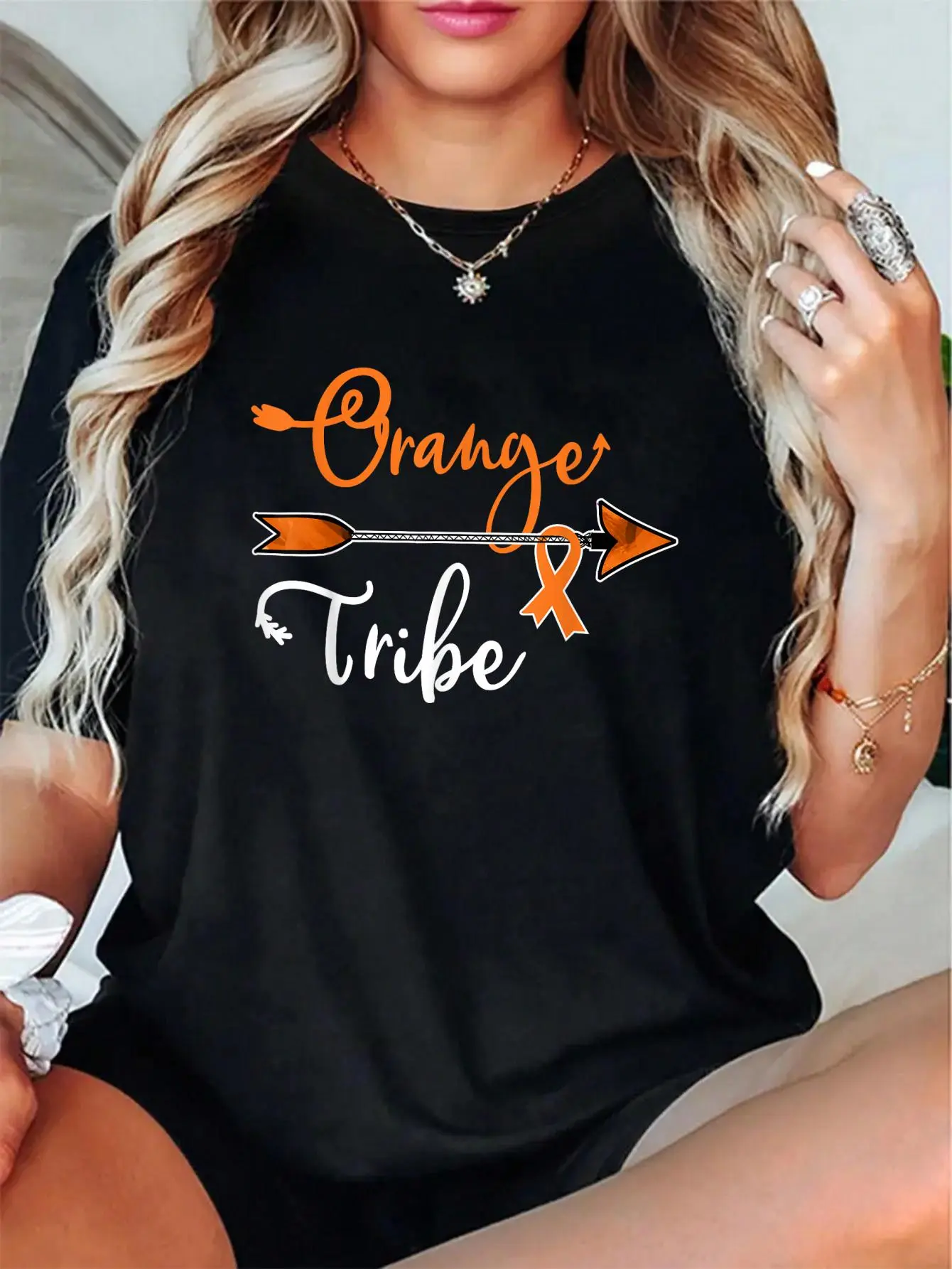 Women's 100% Cotton Round Neck Short Sleeve T-Shirt - Unisex Kidney Leukemia Cancer Awareness Orange Ribbon Tribe Top, Breathable Everyday Fit, TikTok Fashion, Love, Style, Shortsleeve, Tee, Cute, Vibe, Print