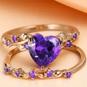 Elegant Heart-Shaped Purple Cubic Zirconia 2-Piece Wedding Ring Set for Women – Premium Bridal Engagement & Anniversary Bands, Ideal for Daily Wear and Special Celebrations