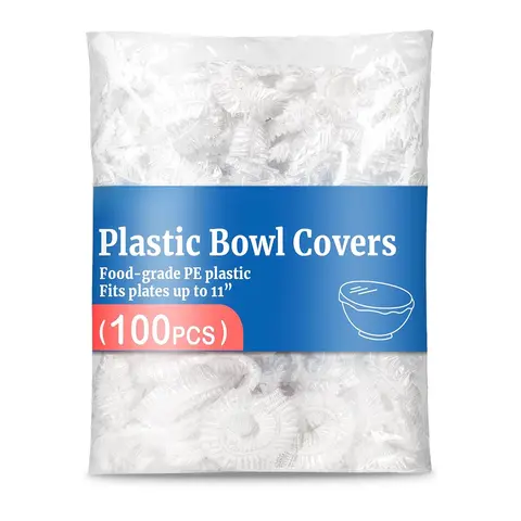 100-Count Sturdy Reinforced Synthetic Plastic Bowl Covers with Tear-Resist Band, Elastic Stretch-Snap Lids, Slip-Proof Dustproof Seal, Transparent Proofing-Ready Fridge Storage for Leftovers, Fits Up to 11in Containers, Quick Food ID Kitchen Essential