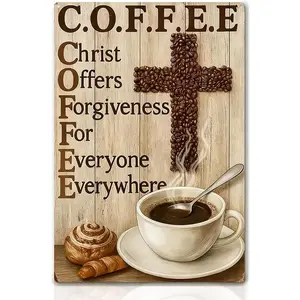 Vintage Christian Metal Iron Coffee Tin Sign, Inspirational Home Wall Decor Plaque for Family Living Room & Kitchen, 8x12 in Cafe Wall Art Decoration