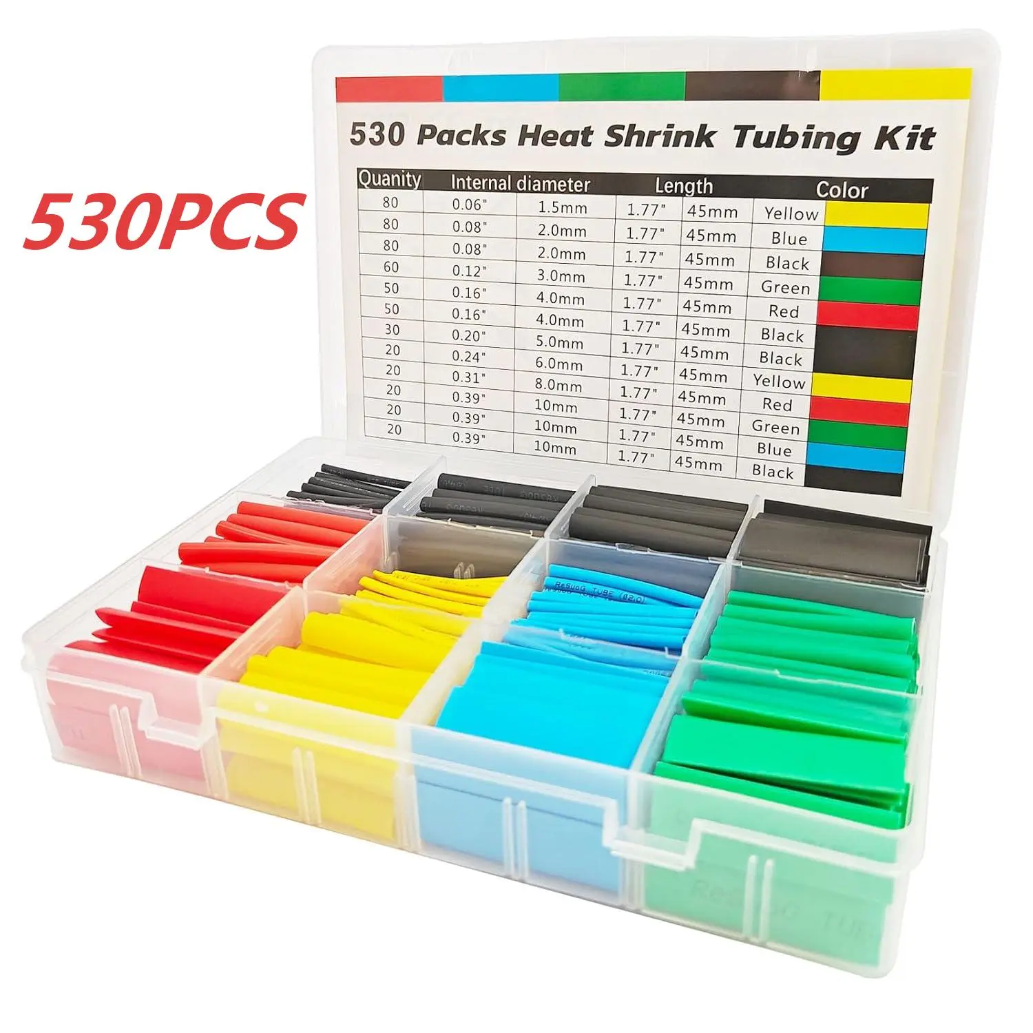 2:1 Ratio Adhesive-Lined Colored Waterproof Insulation Heat Shrink Tubing Kit - 530 Pcs with Storage Box for Cable, Wire Repairs, Industrial Use, Eyeglass Frames, Remote Control Toys Maintenance, Headphones