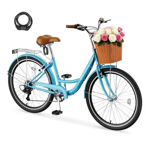 EOYOBIKE Adult Bike 7 Speed, 24 26 inch Beach Cruiser Bikes for Women, Step Through Adult Bicycle with Front Basket for City Commuting