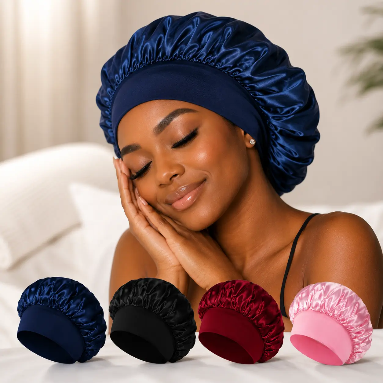 Luxury Satin Hair Bonnet - High Elasticity Wide Band Headband, Protective Sleep Accessory for Women, Comfortable Home Use Hair Care Item, Hair Bonnets Hair Styling Cap Salon Supplies Hair Care Tool Black Daily Haircare