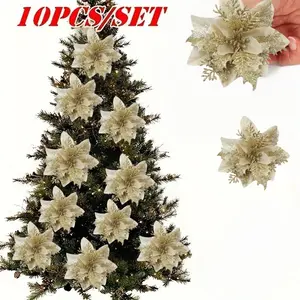 10 Pcs Christmas Tree Decorations Artificial Flowers, Large Head Holiday Floral Ornaments for Thanksgiving & Xmas Party Decoration
