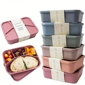 Food-grade eco-friendly leak-proof silicone lunch box, suitable for children and adults, 4 compartments, 3 colors to choose from, Bento Lunch Box
