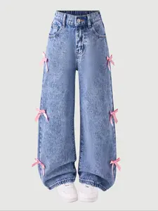 Teen Girls Spring Summer New Snowflake Wash Fashion Bow Decoration Wide Leg Jeans, Cute Loose-Fitting Denim Jeans, All Seasons