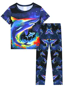 Boys' Short Sleeve Pajama Set with Shark Print, Comfortable Casual Home Wear, Fitted H-Type Design, Cartoon Pattern, Ideal for Relaxing at Home