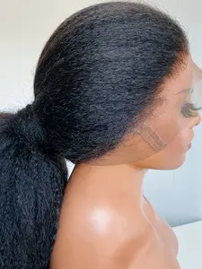Fashion Ultra Soft Yaki 30 Inch 180 Density Glueless Lace Front Wig, Pre-Beled Straight Hair, Daily Use, All Seasons