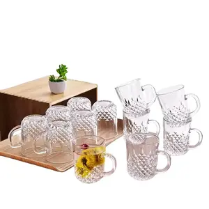 6-Piece Clear Glass Coffee & Tea Mug Set – 270ml Transparent Butterfly Embossed Glass Cups with Handle, Durable Heat-Resistant Drinking Mugs, Elegant Floral Design, JingYuan Branded Gift Box Packaging for Home & Office Use