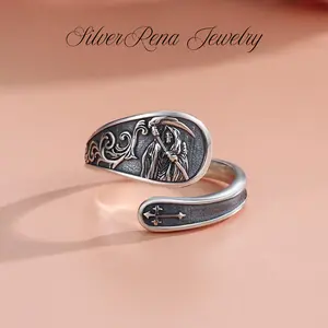 S925 Sterling Silver Santa Muerte Spoon Open Ring, The Goth Grim Reaper Adjustable Ring, Vintage Gothic Skull Jewelry, Halloween Christmas Gift