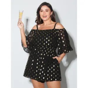 【Summer Turn-Up】BlOOMCHIC Plus Size Gold Stamped Polka Dots Off-Shoulder Romper [M-6X] 2026 Summer Pick for Mother's Day