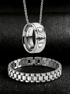 Father's Day Gift Set, Retro Dad Engraved Ring Necklace, Stainless Steel Bracelet, Unisex Jewelry, Silver Color Option