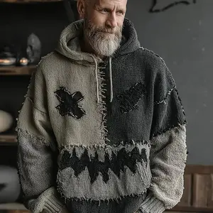 Men'S Gothic Hooded Sweater with Spooky Face & Bat Pocket - Cozy Knit Winter Warmth, Colorblock Stitching Design, Round Neck Pullover for Halloween & Casual Attire,   Men Jumper, Plu Men Sweater, Star Store Sweater Men, Thick Yellow Sweater