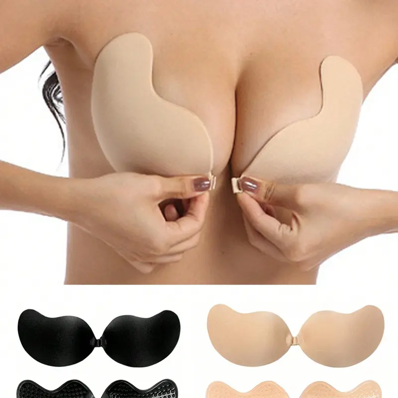 2 Pairs Women's Underwear Invisible Self-Adhesive Strapless Push-Up Medium Bra Pads, Reusable Front Clasp, No Backless Bras, Ideal for Bridal Wedding Dresses, Bra Padding Inserts