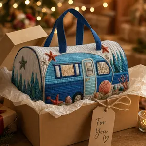Quilted Camper Van Duffle  for Women — Retro RV Travel Weekender , Lightweight Polyester Overnight Tote 15"×14"×4", Cute Camping Quilted Duffel for Road Trip Weekend Getaway Vacation Gift bags